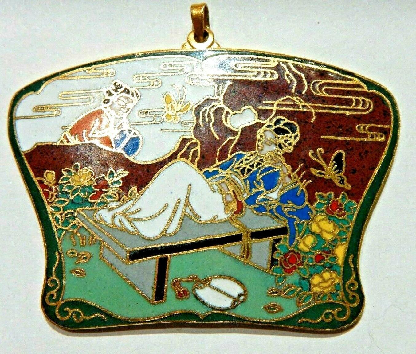 grand cloisonne pendentif inclinee chinois femme zen